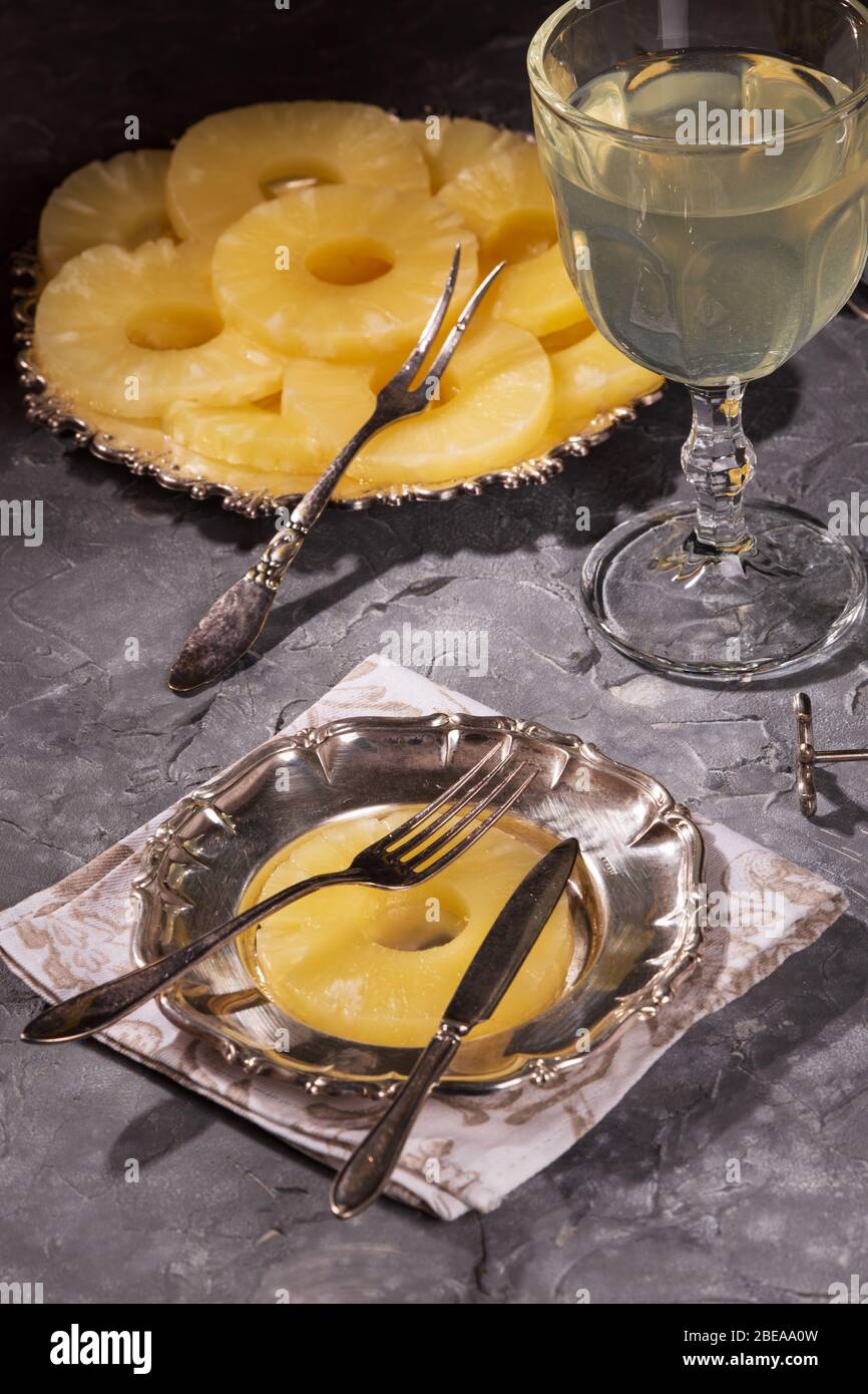 Canned pineapple, cut into rings Stock Photo Alamy