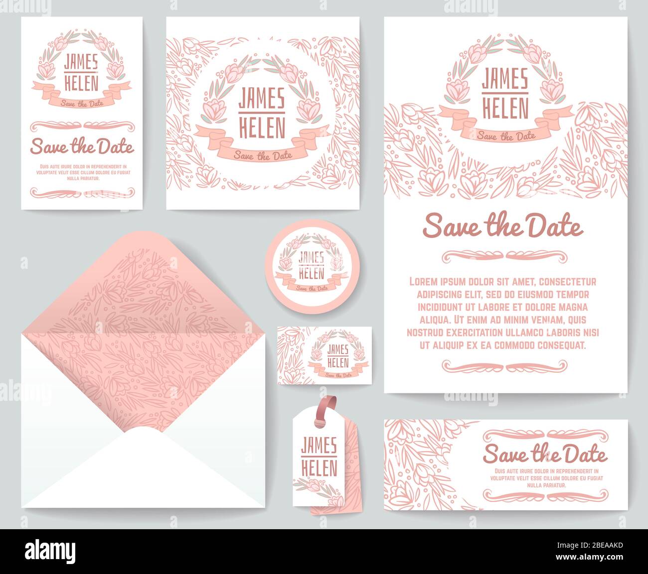 Vintage wedding invitation greeting cards vector template with hand drawn rustic floral elements and flowers. Invitation wedding and save the date with flower illustration Stock Vector