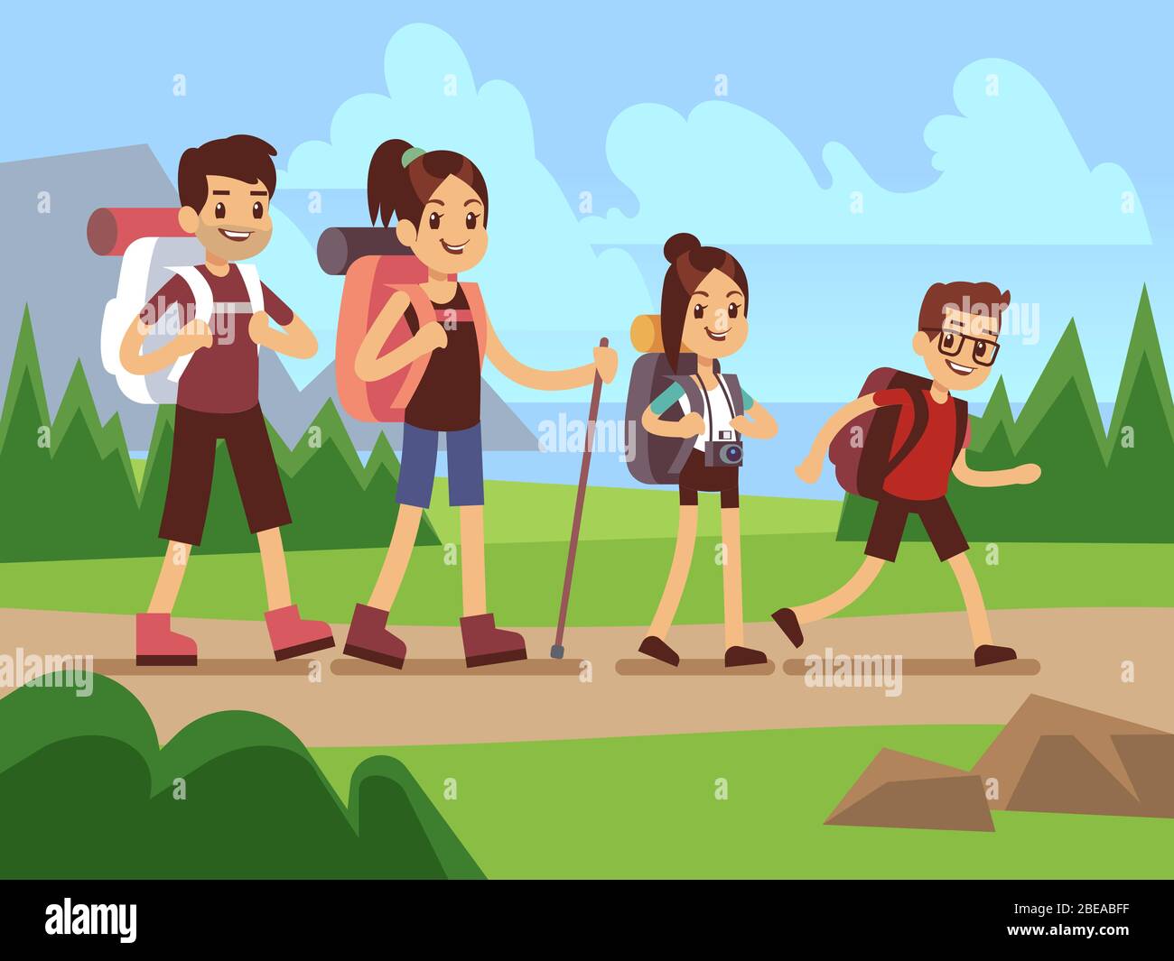 Happy family hikers. Autumn trekking outdoor adventure vector concept. Trekking family, recreation and active adventure tourism illustration Stock Vector