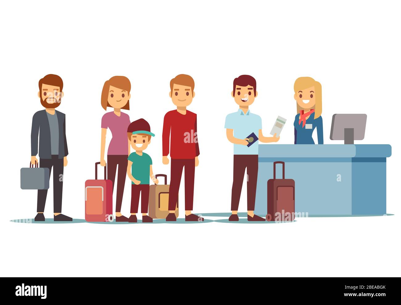 People queue in airport at registration desk. Vacation and travel vector concept. Queue people tourist to check desk illustration Stock Vector