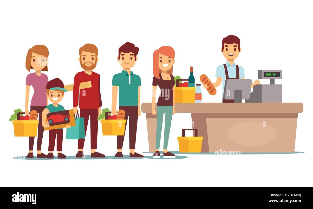 Customers people queue at cash desk with cashier in supermarket. Shopping vector concept. People queue in store market illustration Stock Vector