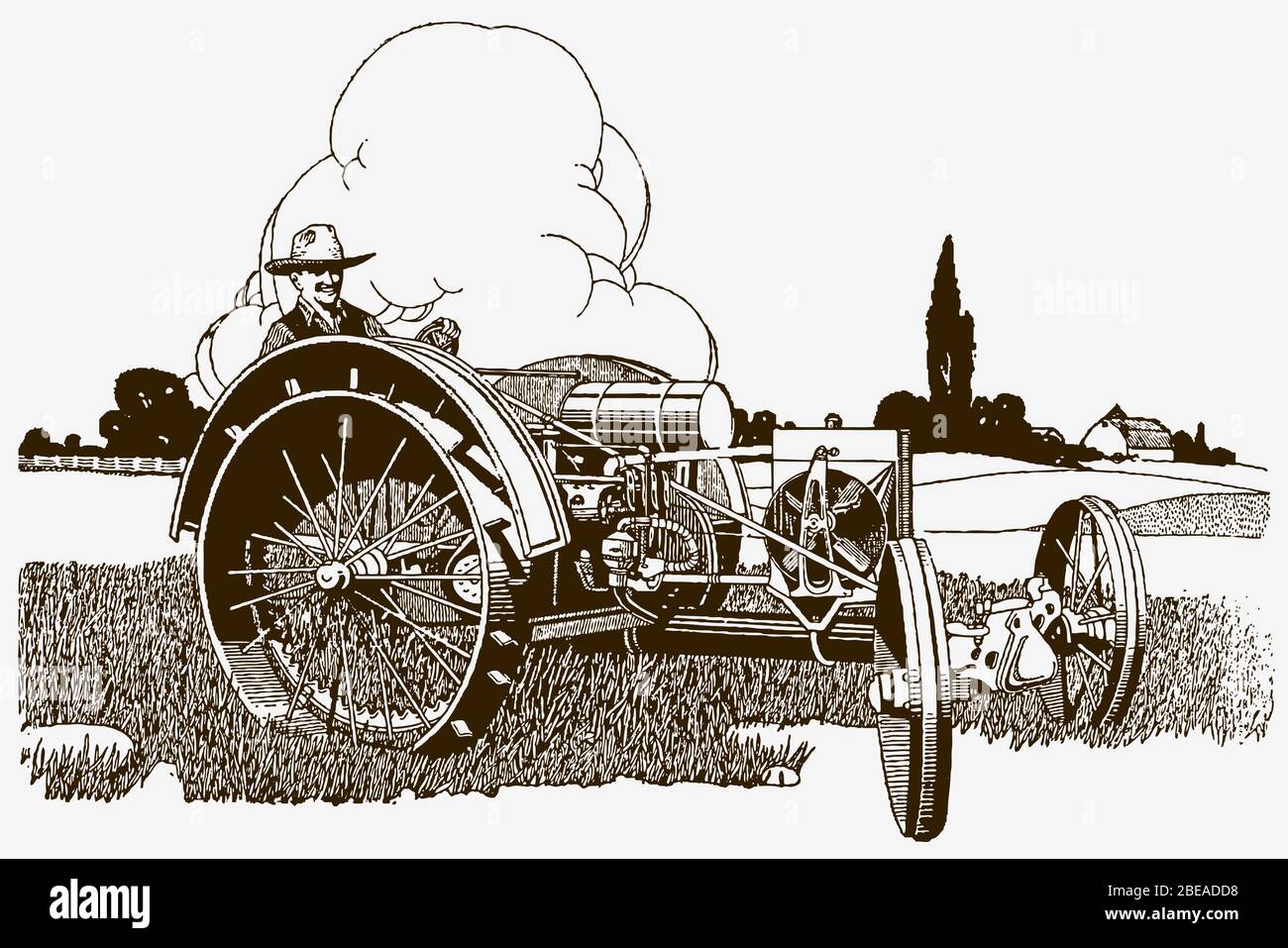 Historic farmer driving a tractor in a field in front of a farm ...