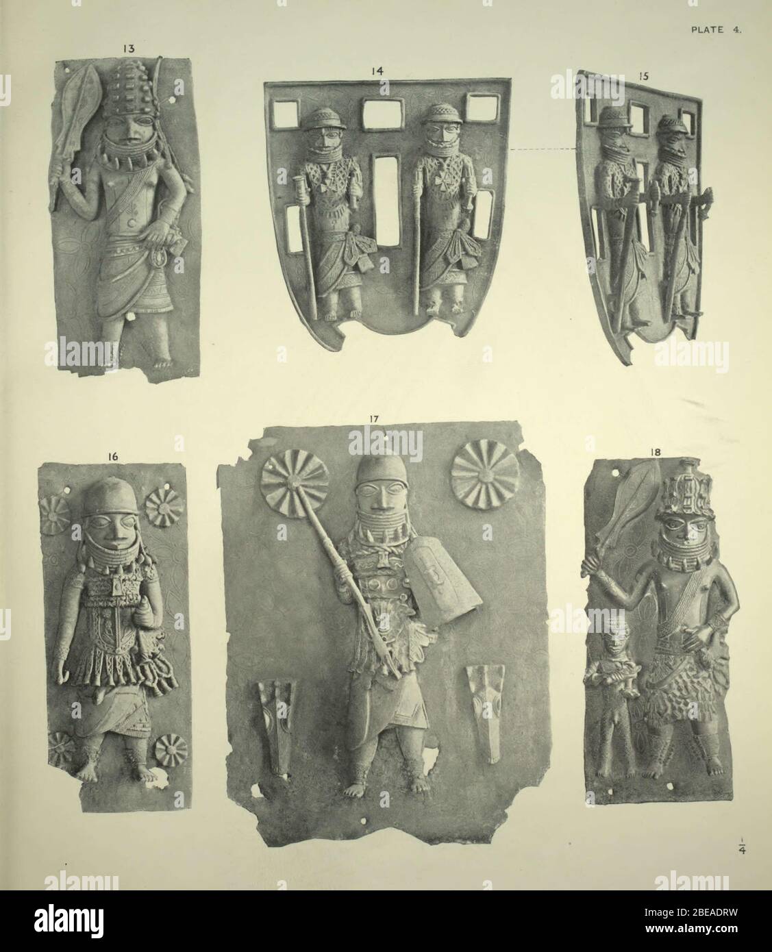 'English: DESCRIPTION OF PLATE IV. Fig. 13.--Bronze plaque, figure of warrior, feather in cap; broad leaf-shaped sword in right hand. Coral choker, badge of rank. Leopards' teeth necklace. Coral sash; ground ornamented with leaf-shaped foil, ornaments incised. Figs. 14 and 15.--Bronze ægis or plaque, with representations of two figures with staves in their right hands. Coral chokers, badge of rank. On the breasts are two Maltese crosses hanging from the necks, which appear to be European Orders. The objects held in left hands have been broken off. The hats are similar to that on the head of th Stock Photo