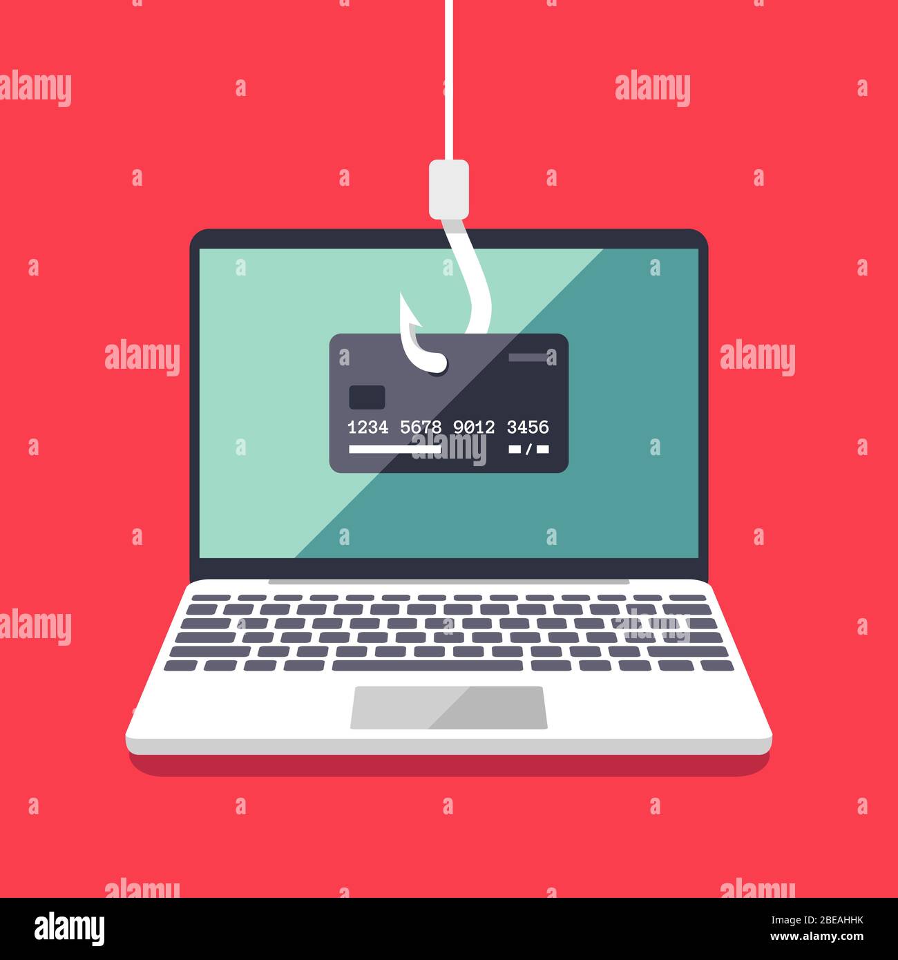 Internet phishing and hacking attack vector flat concept. Email spoofing and personal information security background. Illustration of internet attack on credit card Stock Vector