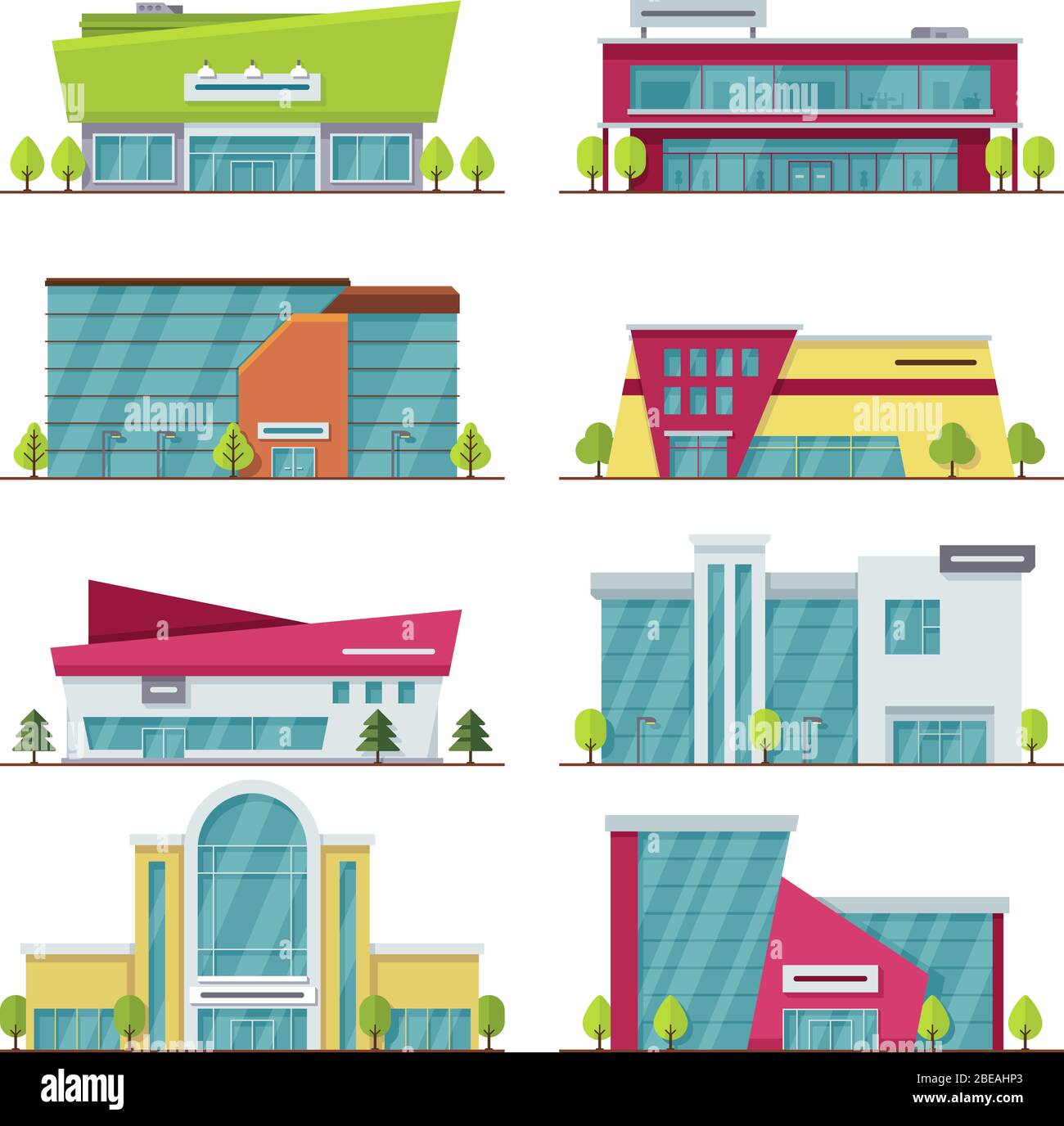 Shopping center, mall and supermarket modern flat vector buildings. Supermarket city and architecture building mall center illustration Stock Vector