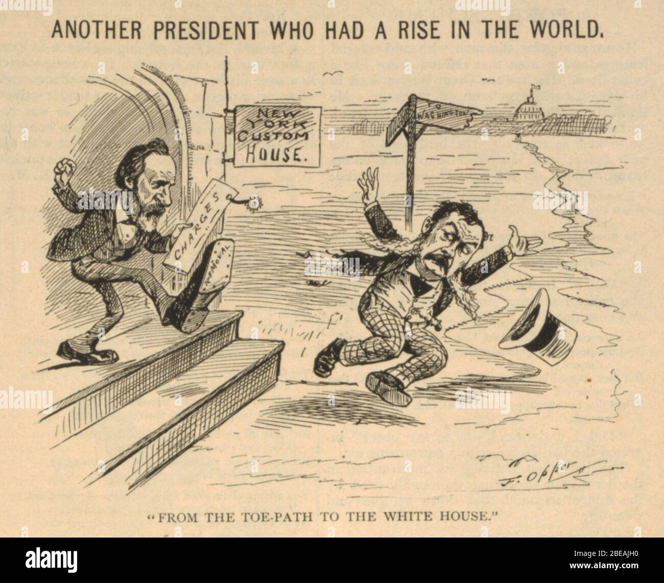 English: Page of Puck magazine with cartoon showing Chester Arthur kicked  out of the New York Custom House, by man holding paper charges, in front of  sign pointing to Washington. Another president