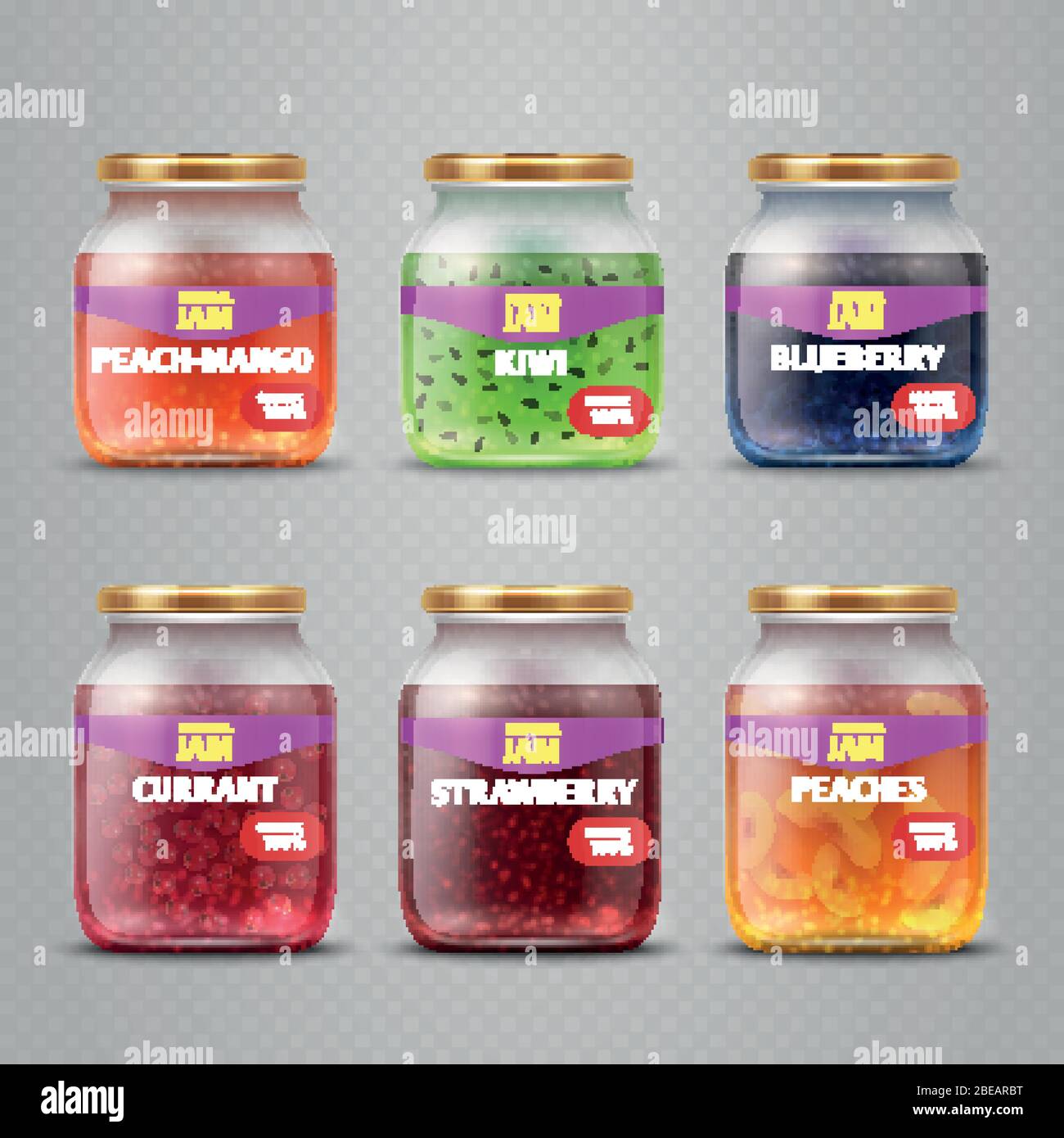 Realistic vector fruit jam glass jars isolated. Colored jam in jar