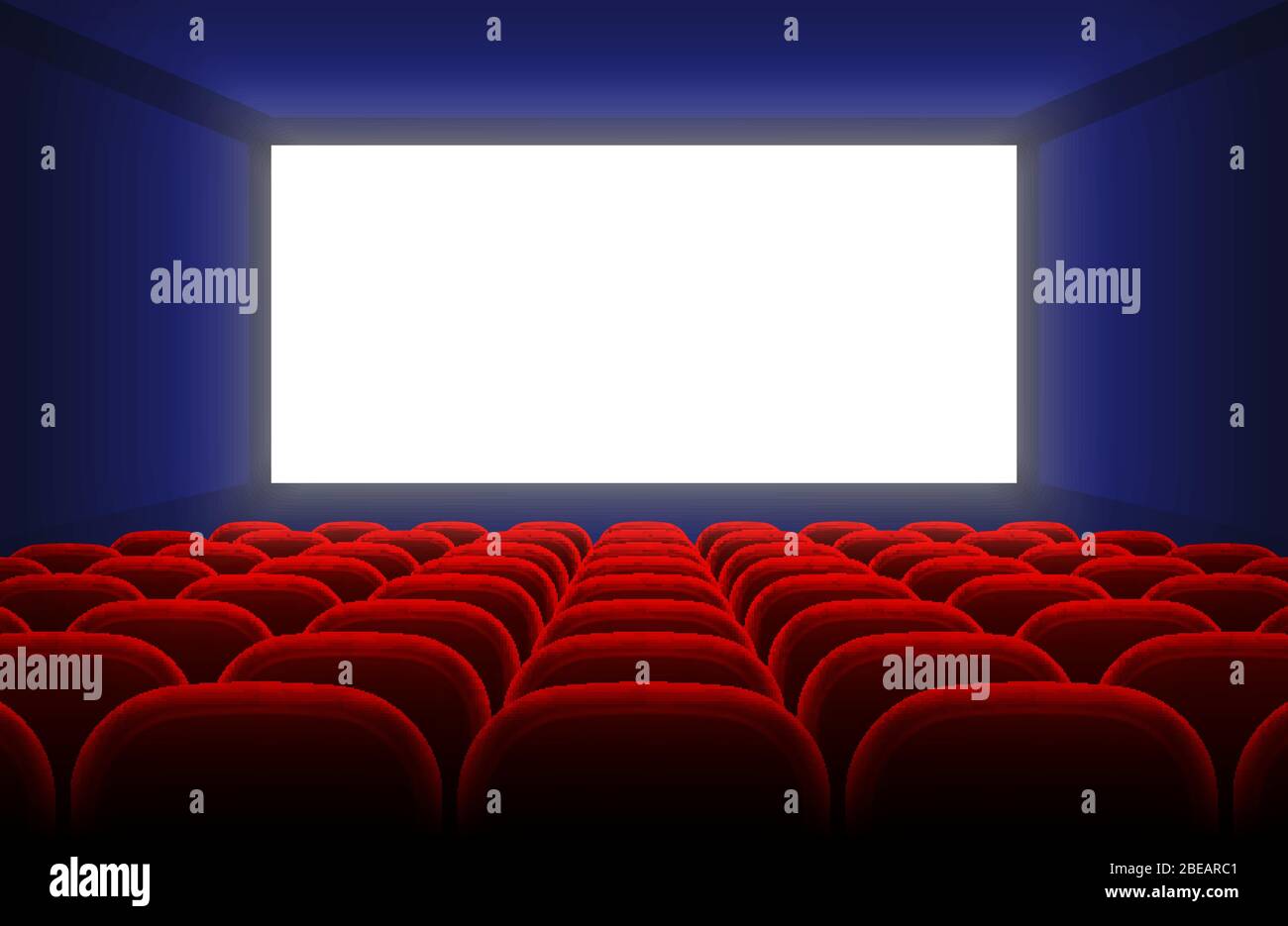 Realistic cinema hall interior with blank white screen and red seats vector illustration. Cinema show with white screen empty Stock Vector