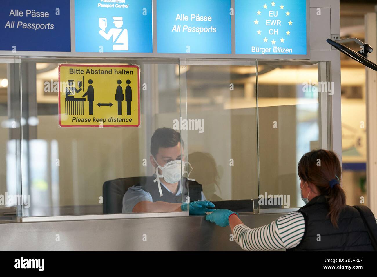 Hahn, Germany. 13th Apr, 2020. A Romanian harvest helper passes through customs after landing at Hahn airport. Due to the coronavirus pandemic, it was long unclear whether workers from Eastern Europe would be allowed to enter the country in time. Credit: Thomas Frey/dpa/Alamy Live News Stock Photo