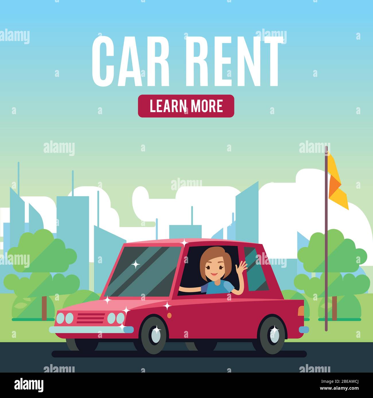 Car rental poster concept. Cartoonstyle vector girl on red car. Auto