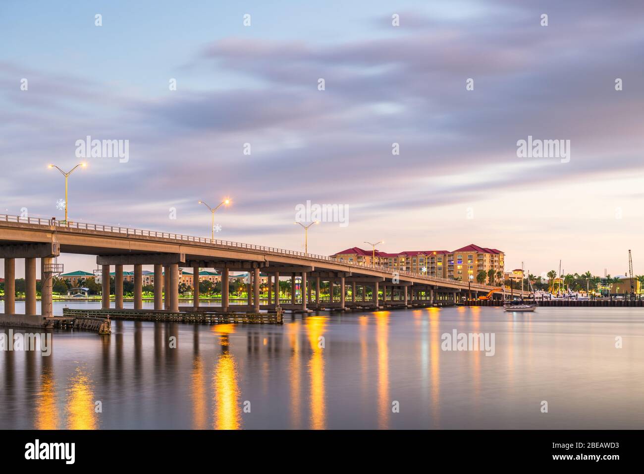 Bradenton, Florida, USA downtown on the Manatee River at dusk. Stock Photo