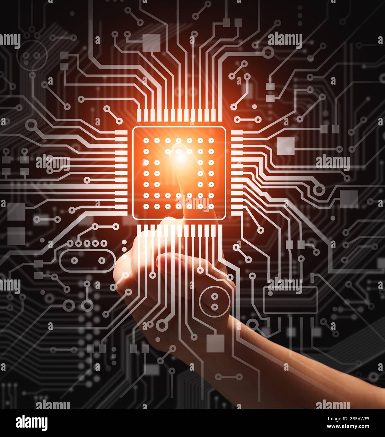 Computer technologies. Unrecognizable woman touching glowing CPU on virtual screen, collage Stock Photo