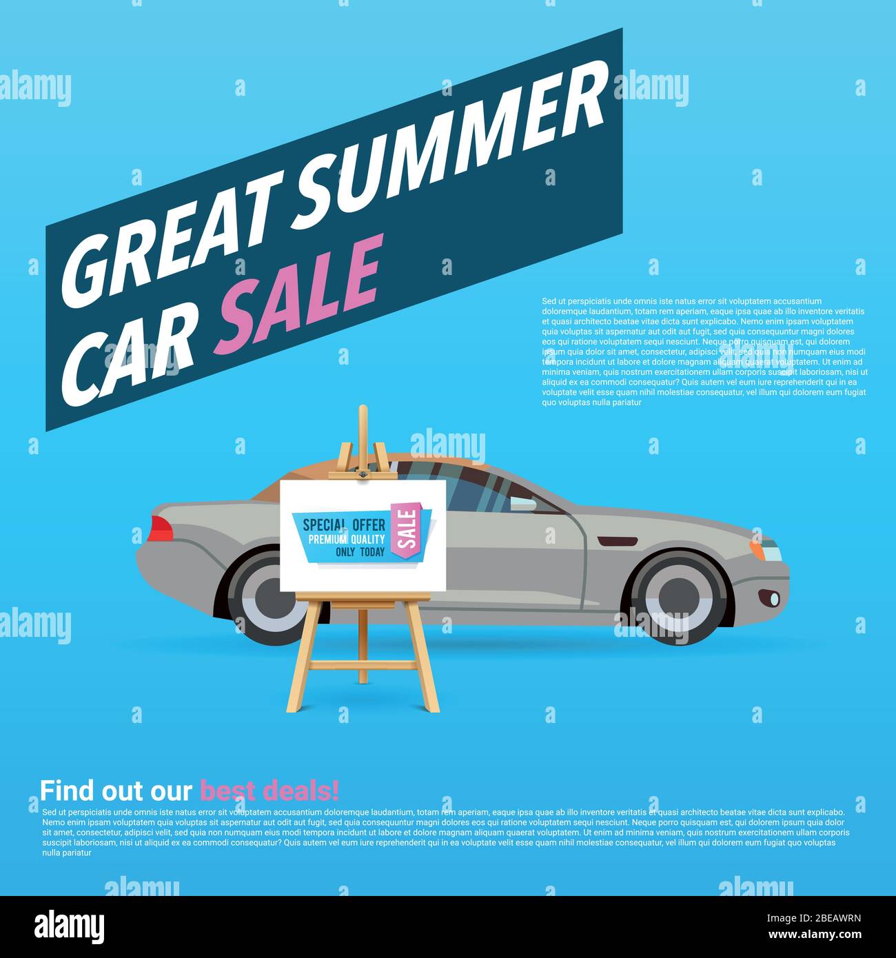 Car sale banner. Vector illustration with cartoon-style car. Gray sedan sale on blue background. Business automobile Stock Vector