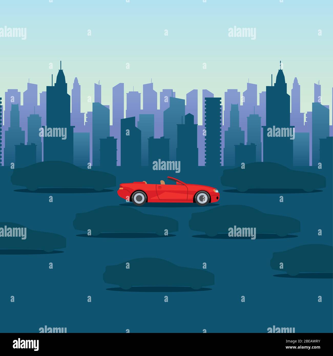 Cool cartoon-style red car on dark city background. Urban vector illustration. Modern power car Stock Vector