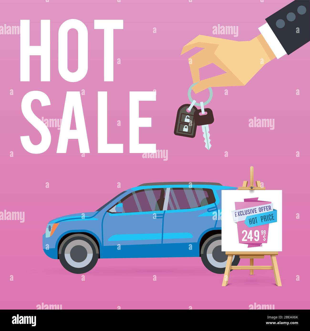 Car sale banner. Vector illustration with cartoon-style car. Blue suv on pink background. Poster hot sale car Stock Vector