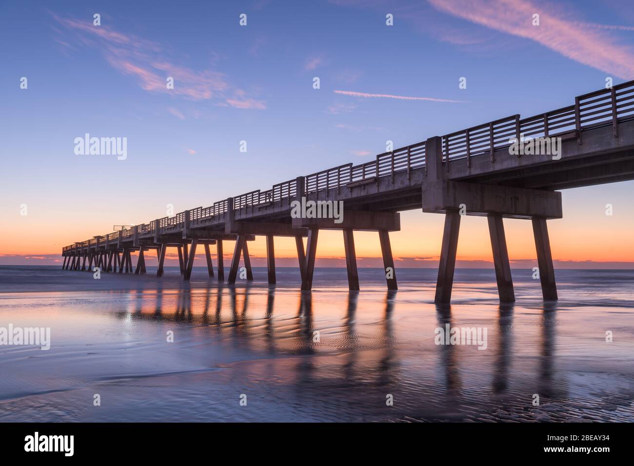 Jacksonville, Florida, USA beach view with Jacksonville Pier at dawn. Stock Photo