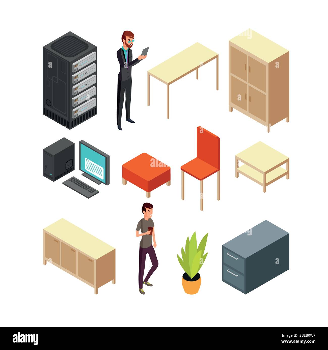 Set of office isometric icons. Server rack, table, armchair, computer ...