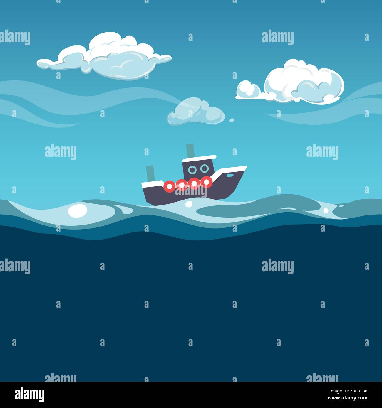 Sea illustration. Steam boat on the waves. Vector ship travel in ocean Stock Vector