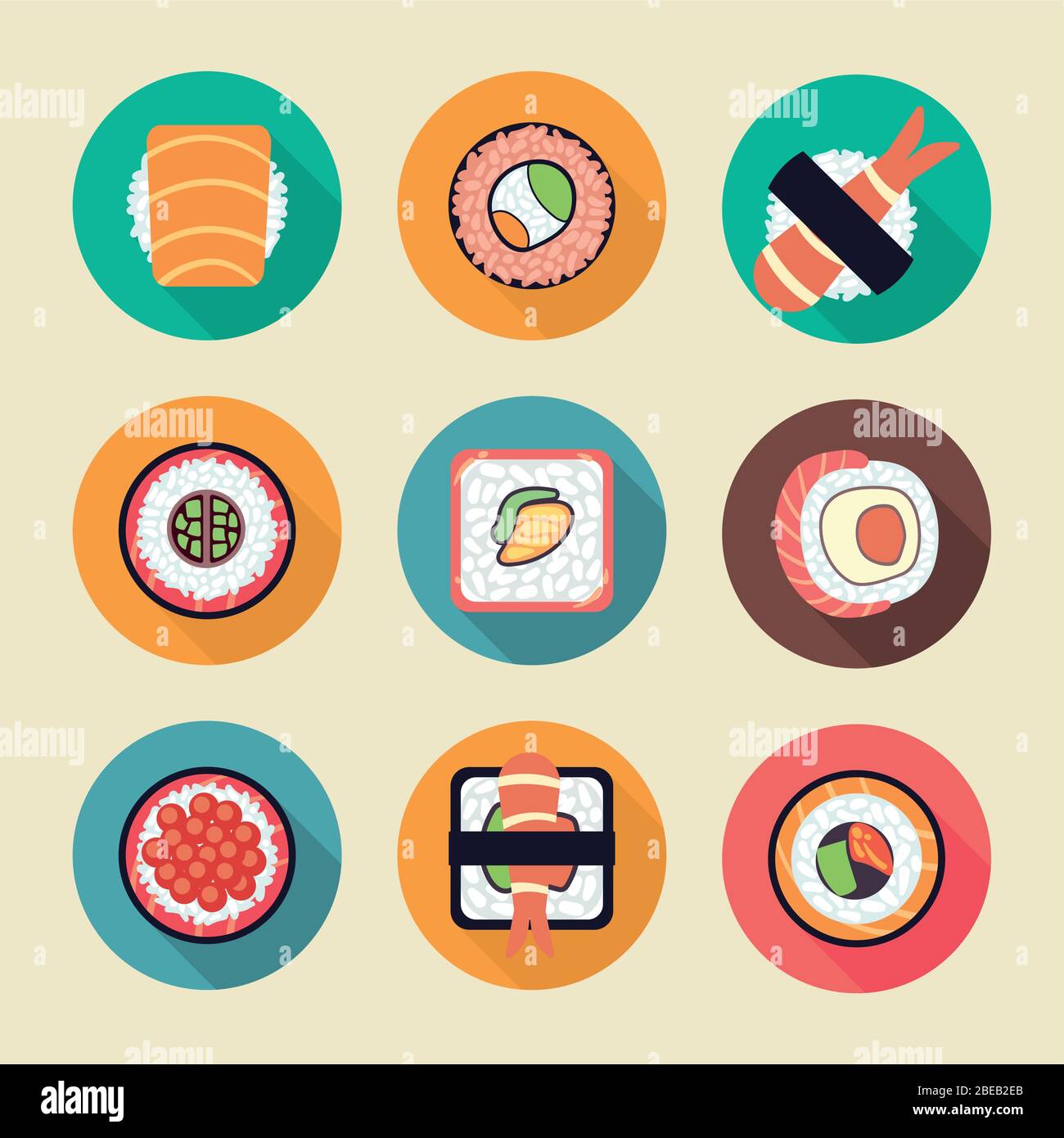 Sushi and rolls vector icons. Longshadow flat illustration on light background Stock Vector