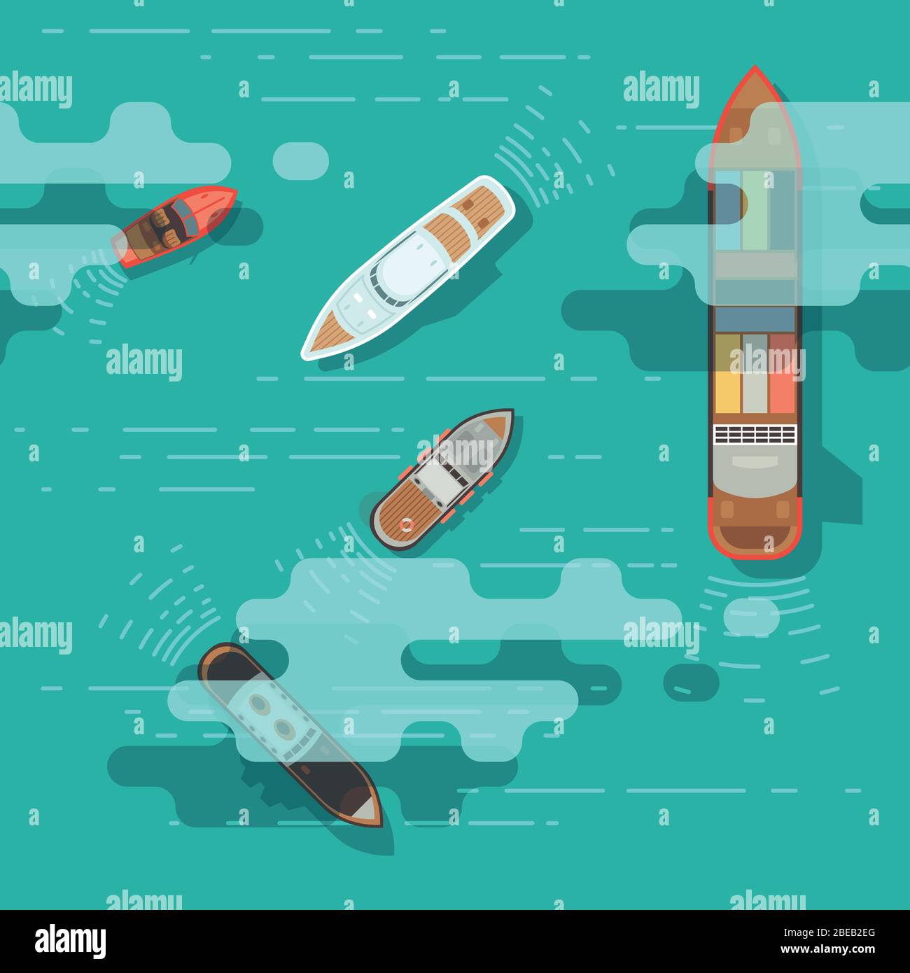 Top view sea ship and shipping boat on ocean water surface seamless texture. Ship and yacht, bulker and tugboat illustration Stock Vector