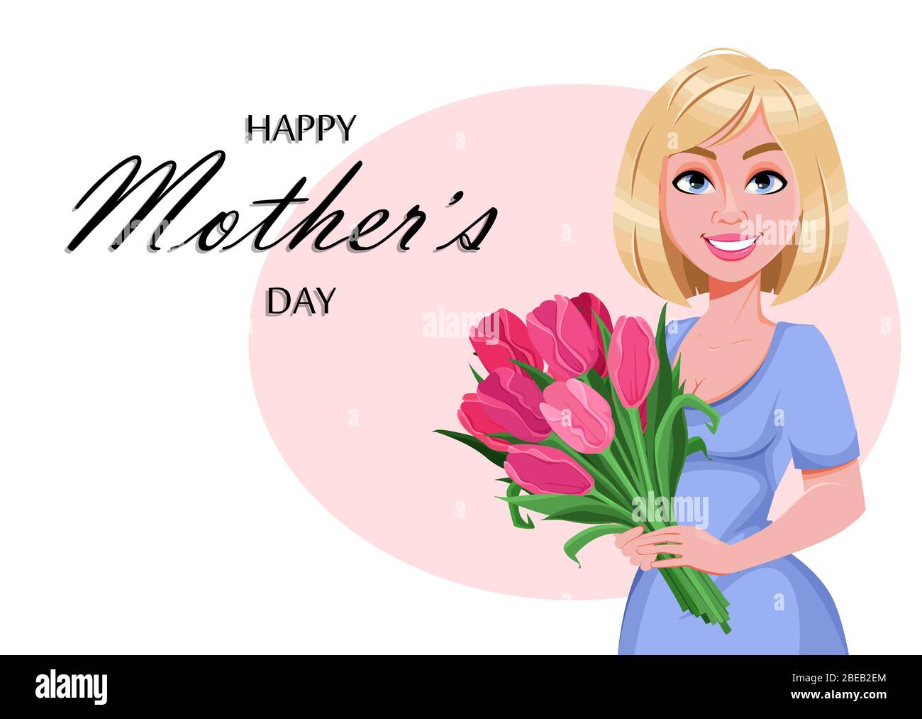 Happy Mother's day greeting card. Beautiful woman with a bouquet of tulips.  Cheerful lady cartoon character. Vector illustration Stock Vector Image &  Art - Alamy