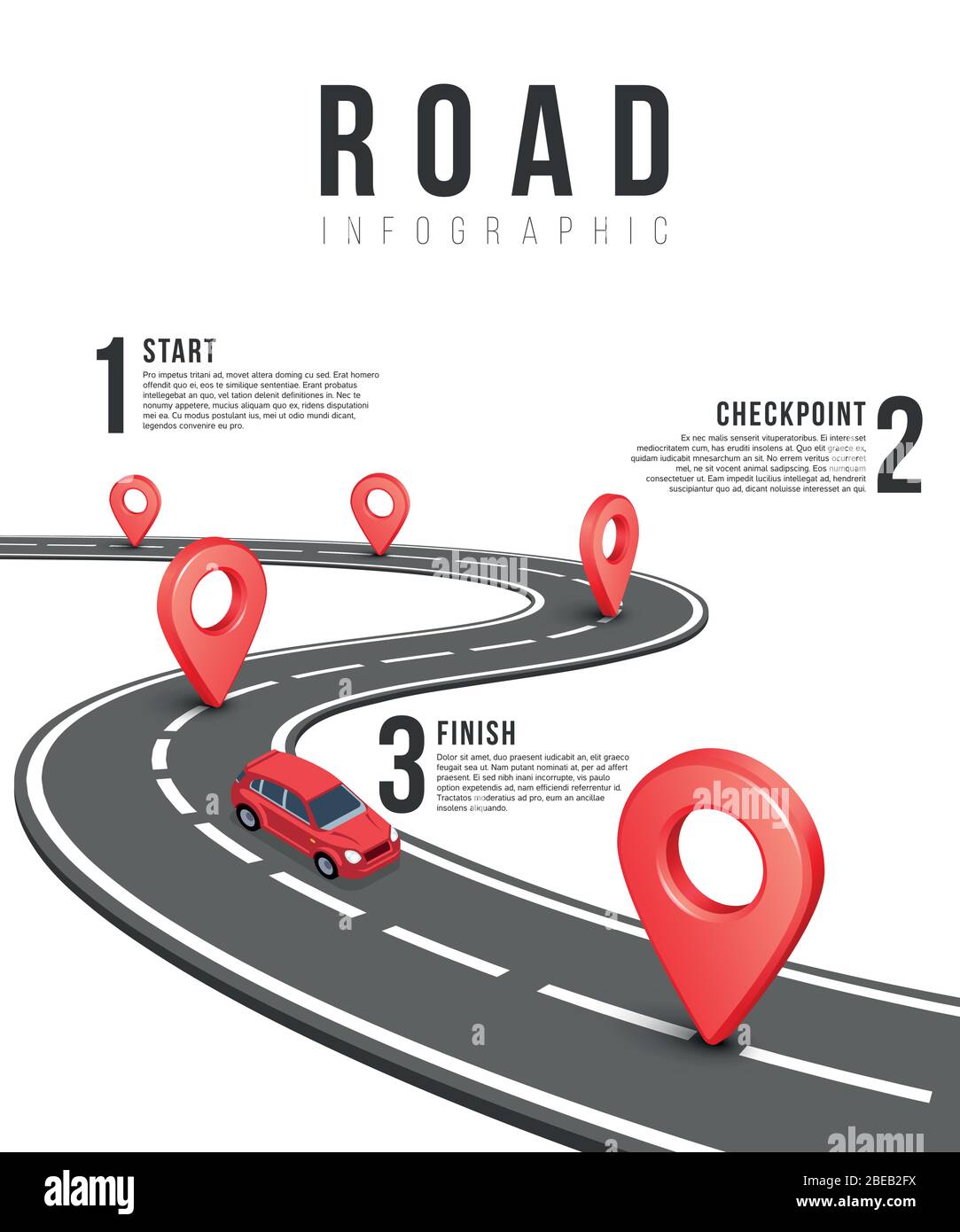 Road infographic vector template with red isometric car. Business road infographic start finish and checkpoint illustration Stock Vector