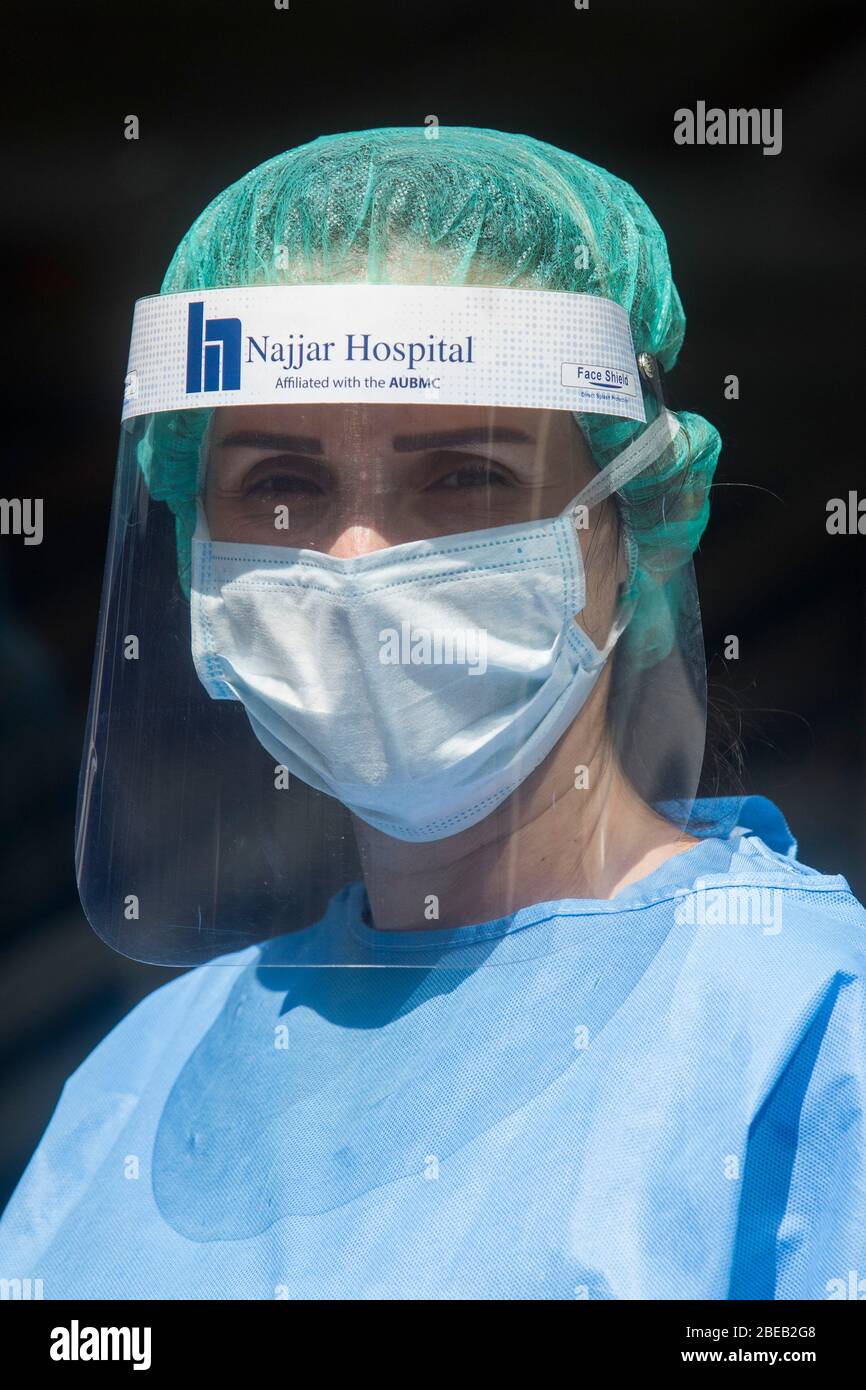 Beirut, Lebanon. 13 April 2020. A health nurse from Najjar hospital in