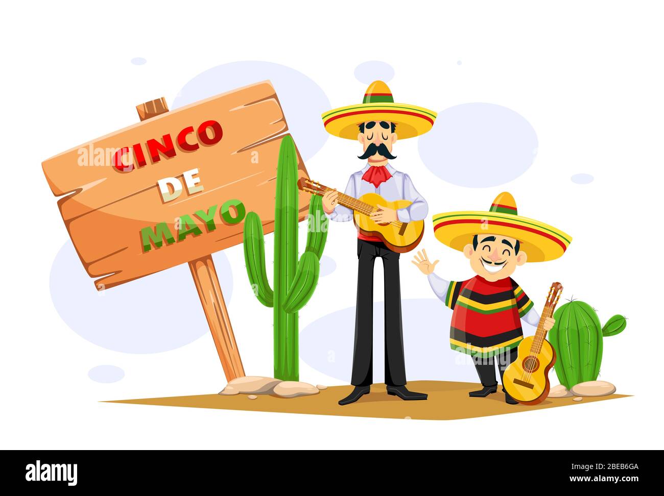 Cinco De Mayo greeting card with two cheerful Mexican men in sombrero and with guitar. Funny cartoon characters. Vector illustration Stock Vector