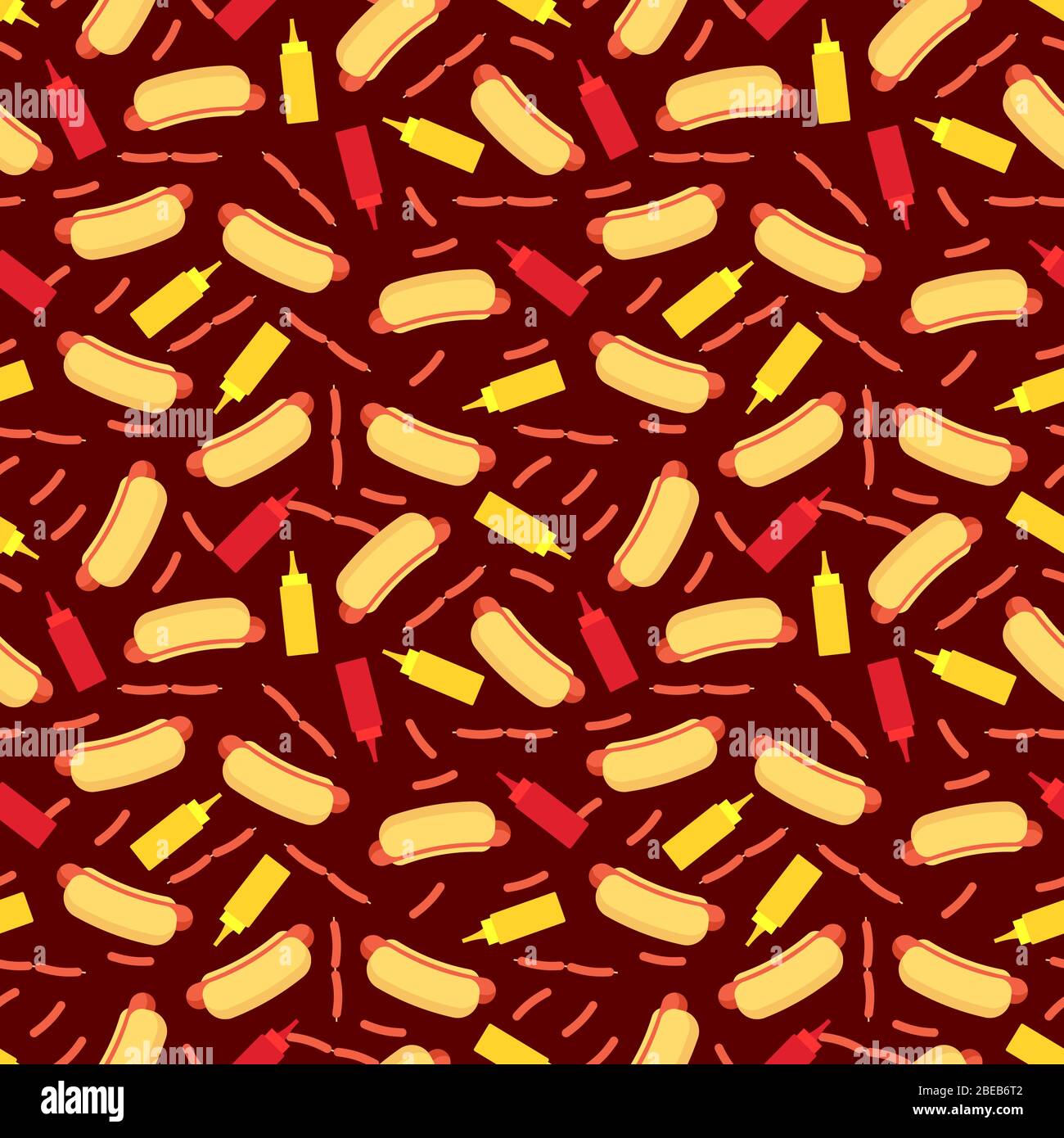 Fast food seamless pattern - hot dog sausage ketchup and mustard seamless texture. Vector illustration Stock Vector