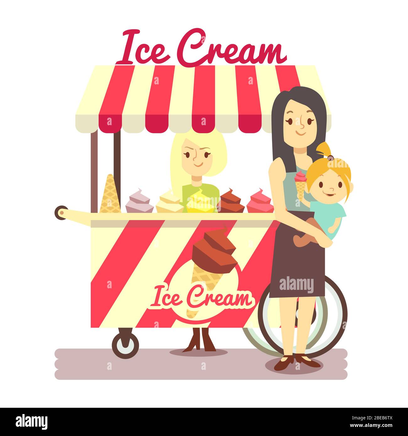 Young girl sells ice cream and mother with baby girl with ice cream isolated on white background. Vector illustration Stock Vector