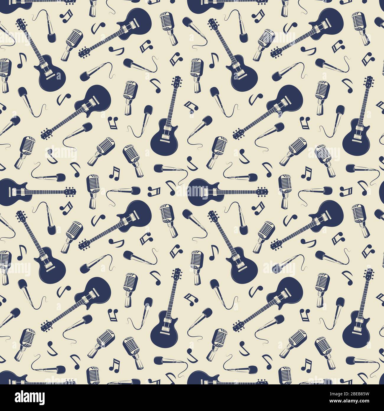 Vintage musical seamless pattern with guitars, microphones and music notes. Vector illustration Stock Vector