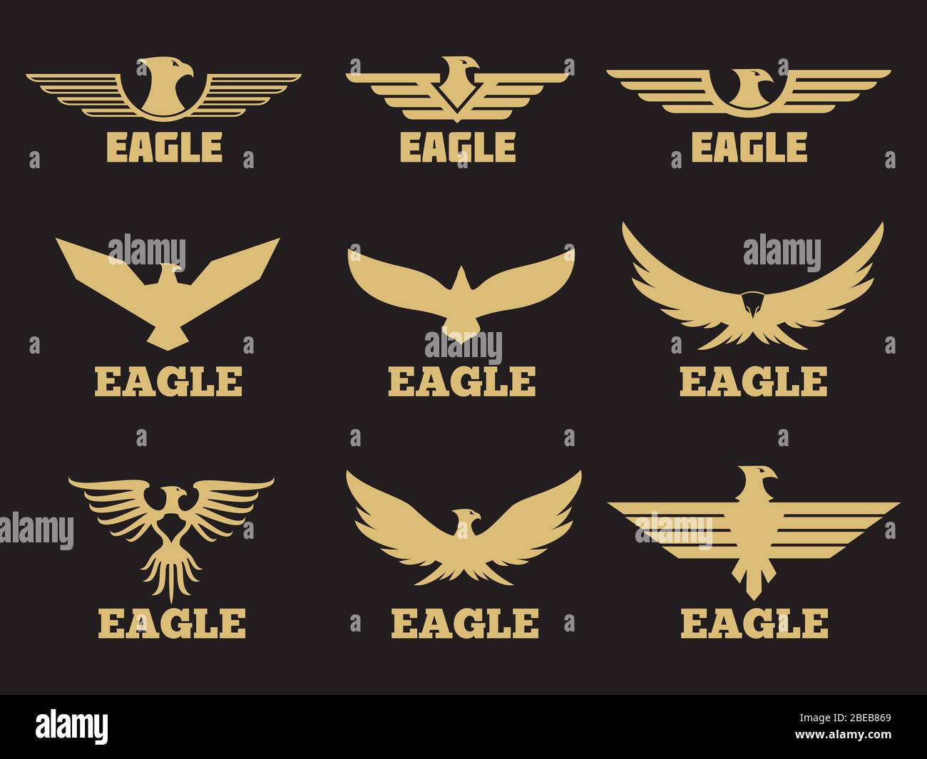 Gold Heraldic Eagles Logo Collection On Black Background Vector Eagle Emblem Silhouette Bird Element Icon Of Set Illustration Stock Vector Image Art Alamy