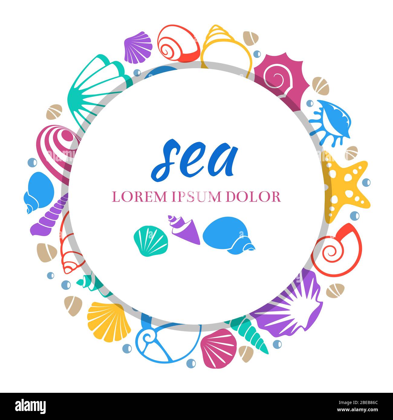 Sea round banner design - colorful seashells concept. Seashell and starfish, color exotic cockleshell, vector illustration Stock Vector