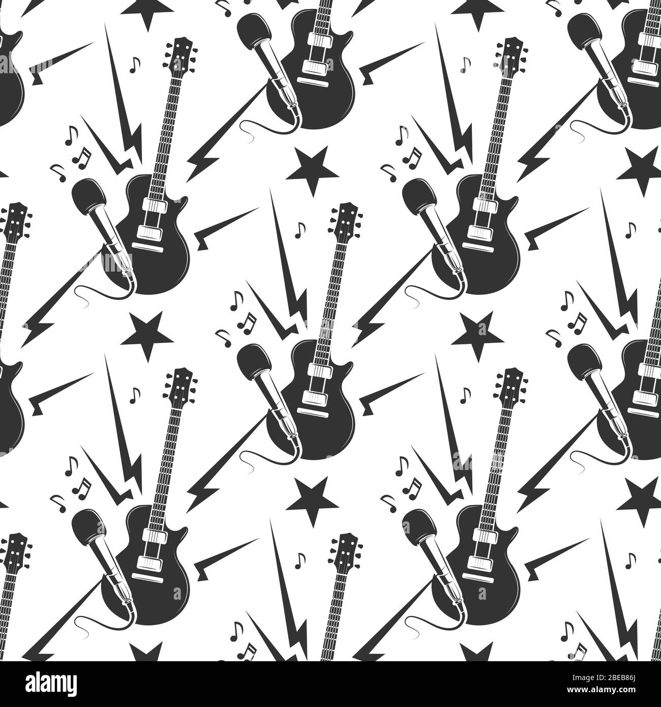 Rock music seamless pattern with guitars and microphones. Vector illustration Stock Vector