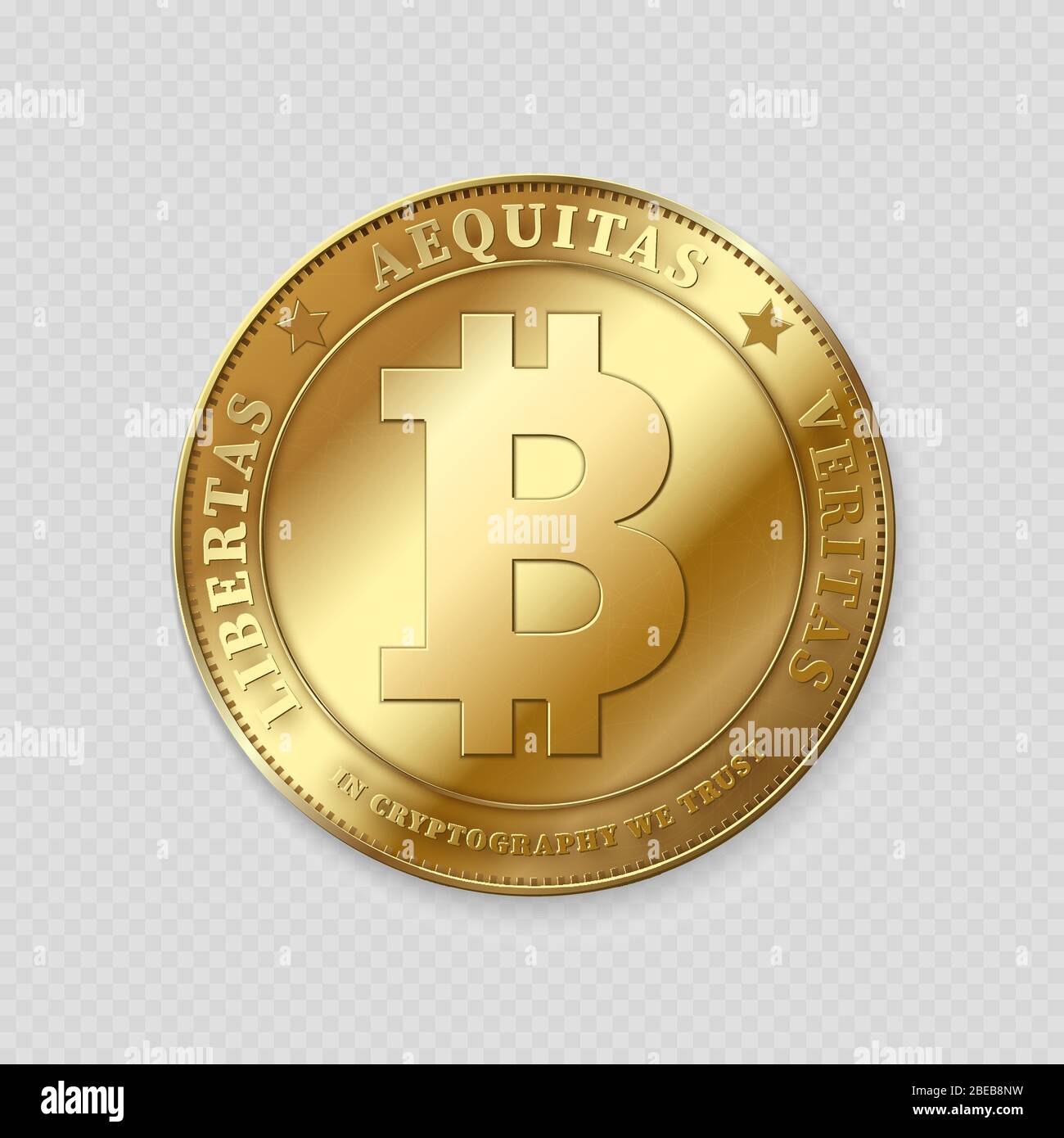 Realistic gold bitcoin on transparent background. Golden bitcoin electronic currency, vector illustration Stock Vector