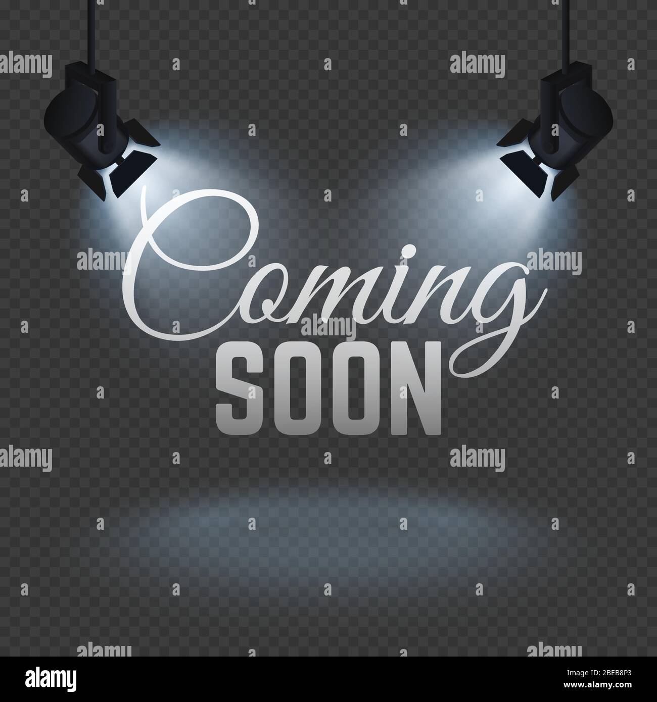 Coming soon concept with spotlights on stage isolated vector illustration Stock Vector