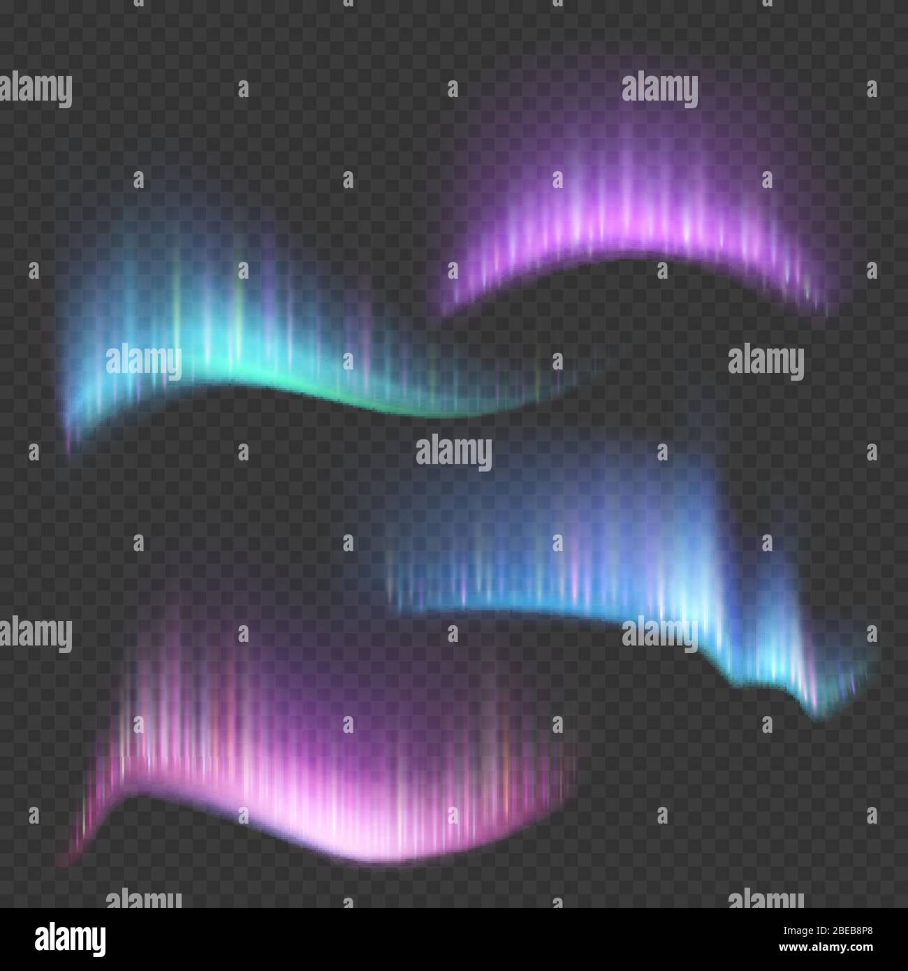 Northern aurora lights strips isolated on transparent background. Northern aurora borealis bright colorful in sky, vector illustration Stock Vector