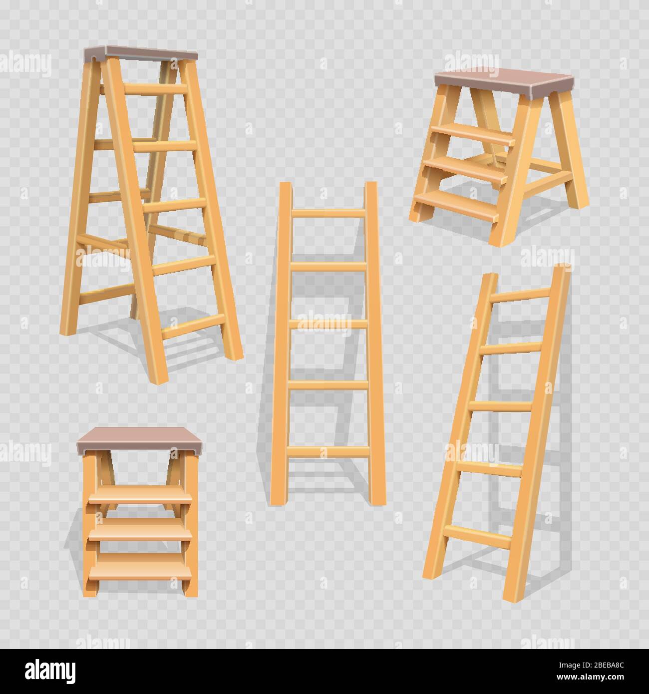 Wood household steps set on transparent background. Wood stepladder and wooden ladder, vector illustration Stock Vector