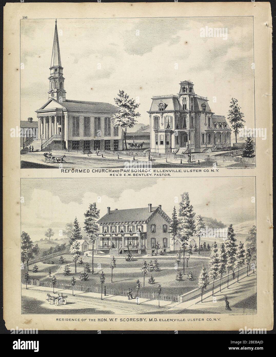 'Reformed Church and Parsonage Ellenville, Ulster Co. N.Y., Rev.’d E. W. Bentley, Pastor.  Residence of the Hon. W. F. Scoresby, M. D. Ellenville, Ulster Co. N.Y.; 1875; F. W. Beers: County Atlas of Ulster, New York, Walker & Jewett, New York 1875, p. 106 –  Haviland-Heidgerd Historical Collection at Hudson River Valley Heritage website; Frederick William Beers; ' Stock Photo