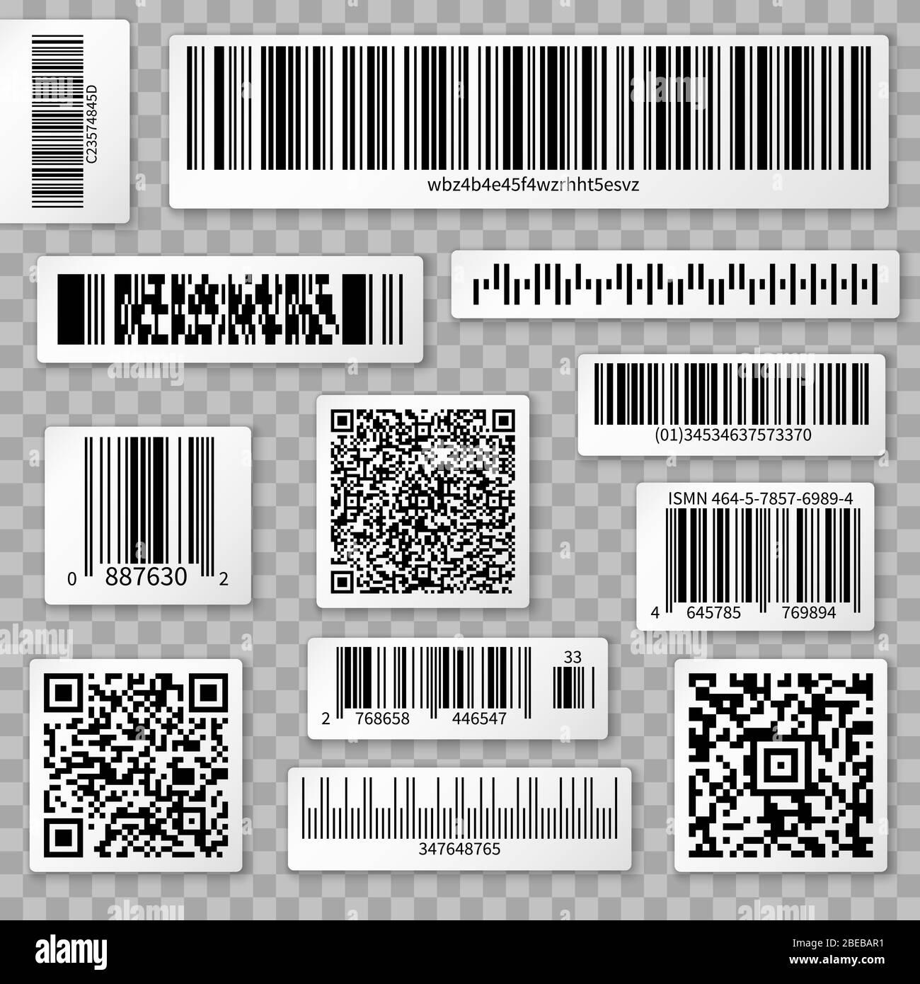 QR codes, bar and packaging labels isolated on transparent background. Qr label for scan, bar code sticker, vector illustration Stock Vector