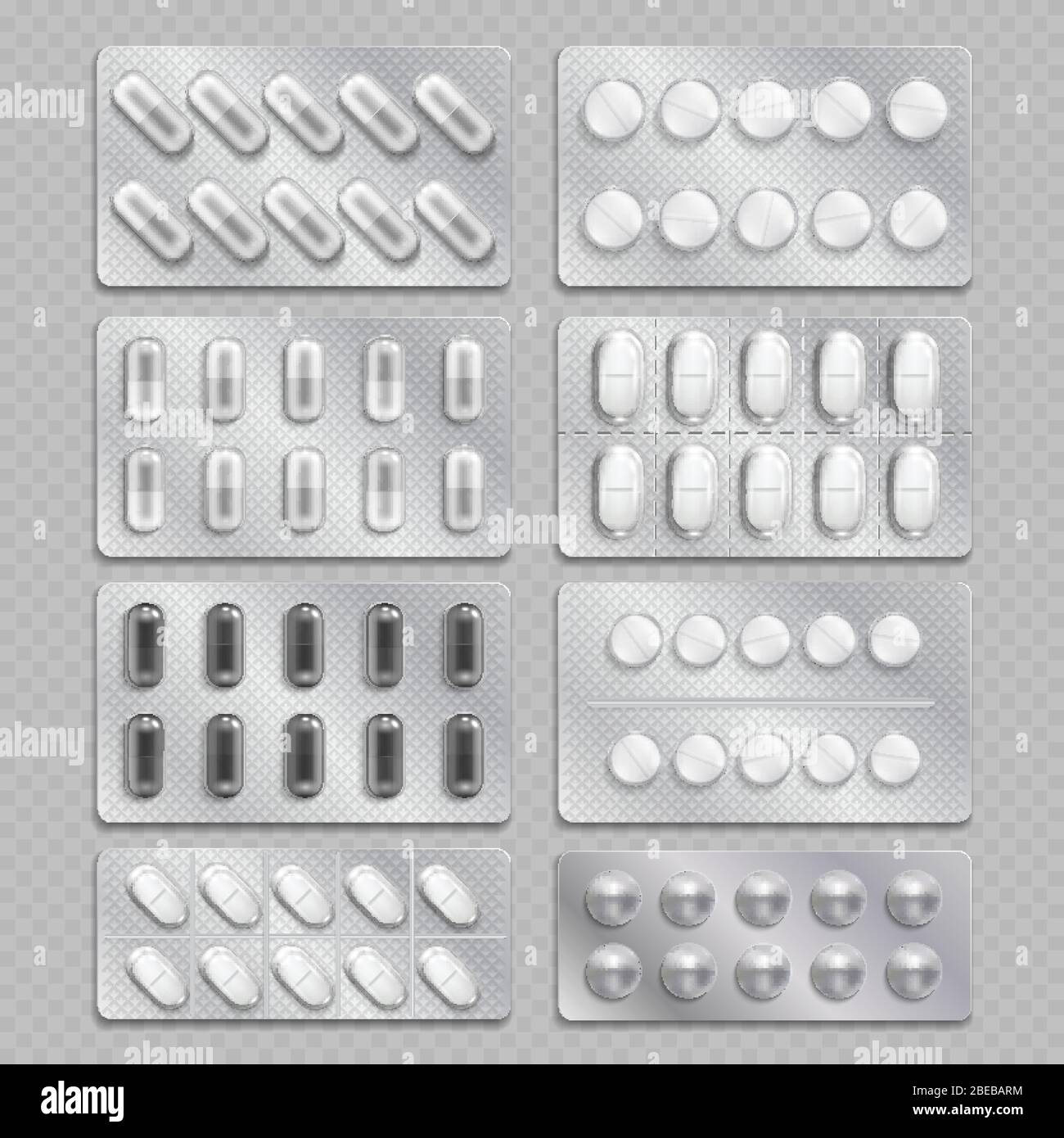 Realistic 3d drugs packaging, painkiller pills isolated on transparent background. Vitamin capsule drug pack, medical care pharmaceutical illustration Stock Vector
