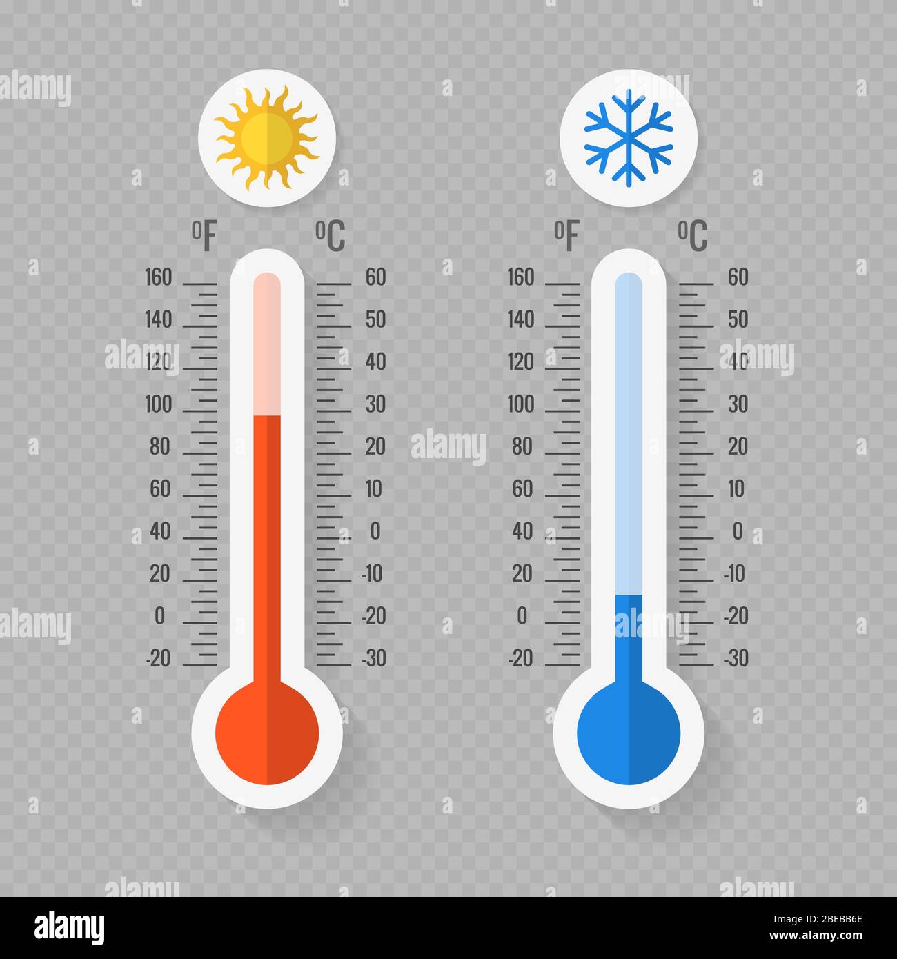 Hot and cold meteorology thermometers on transparent background. Blue and red thermometers. Vector illustration Stock Vector