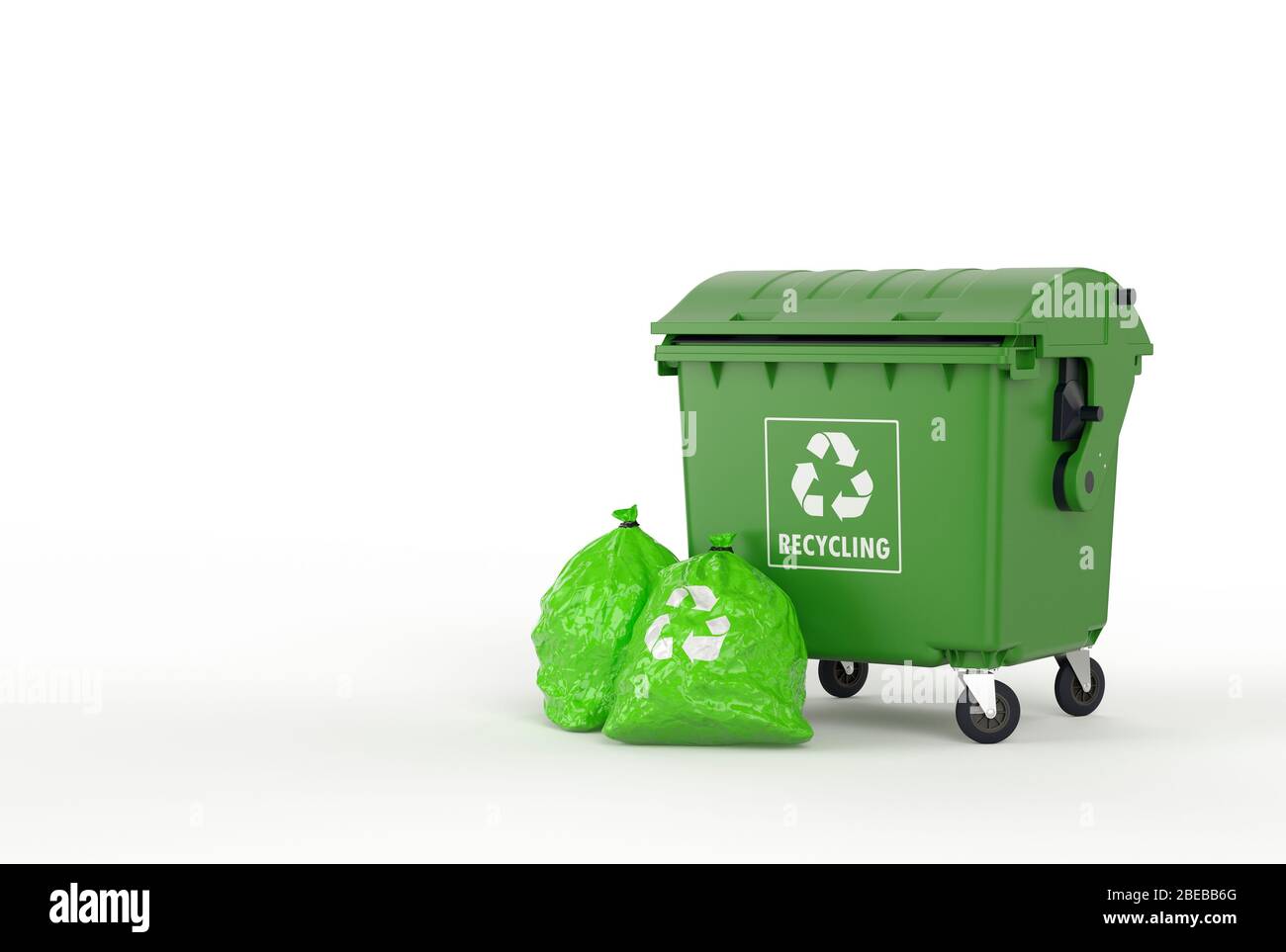 https://c8.alamy.com/comp/2BEBB6G/an-closed-green-recycling-dumpster-surrounded-by-green-garbage-bags-2BEBB6G.jpg