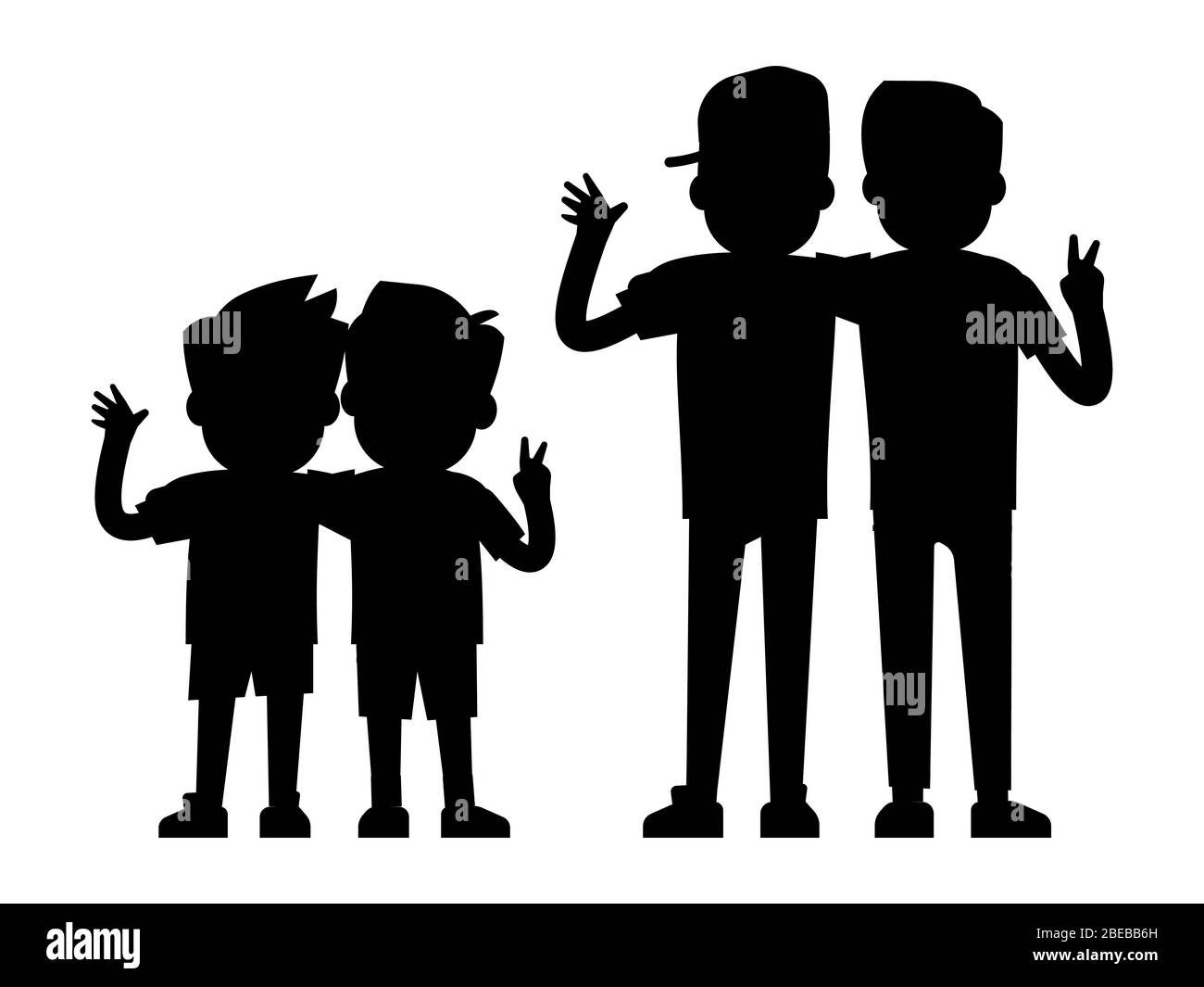 Best friends silhouettes isolated on white background - baby boys and teenager boys black silhouettes. Best friends people, young friendship together, vector illustration Stock Vector