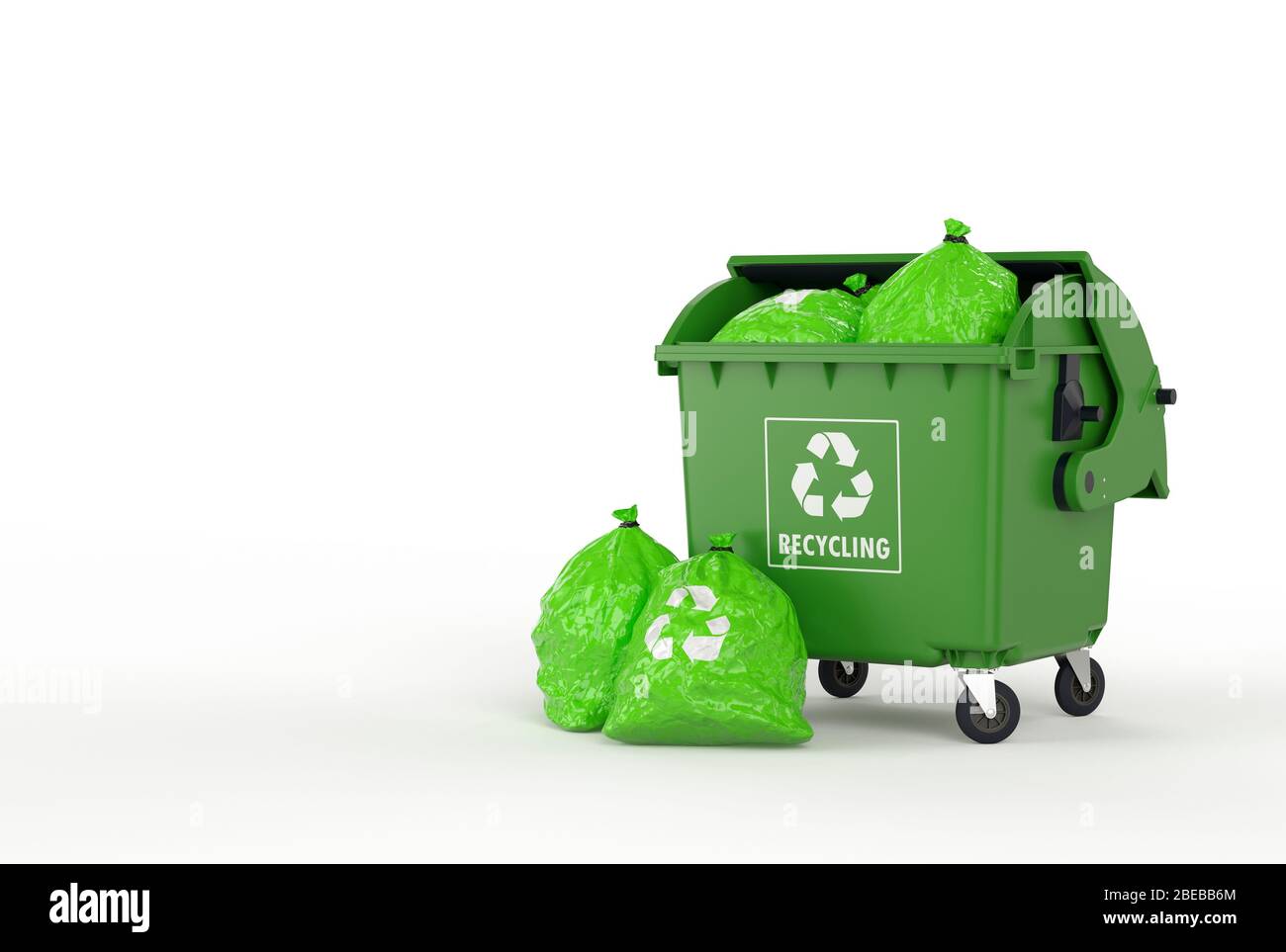an open full loaded recycling dumpster surrounded by green garbage bags Stock Photo