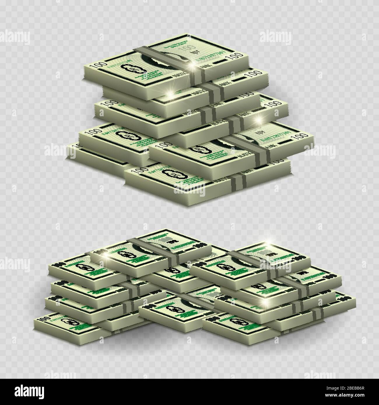 Much money with shining elements - realistic money on transarent background. Money cash stack banknote, vector profit finance illustration Stock Vector
