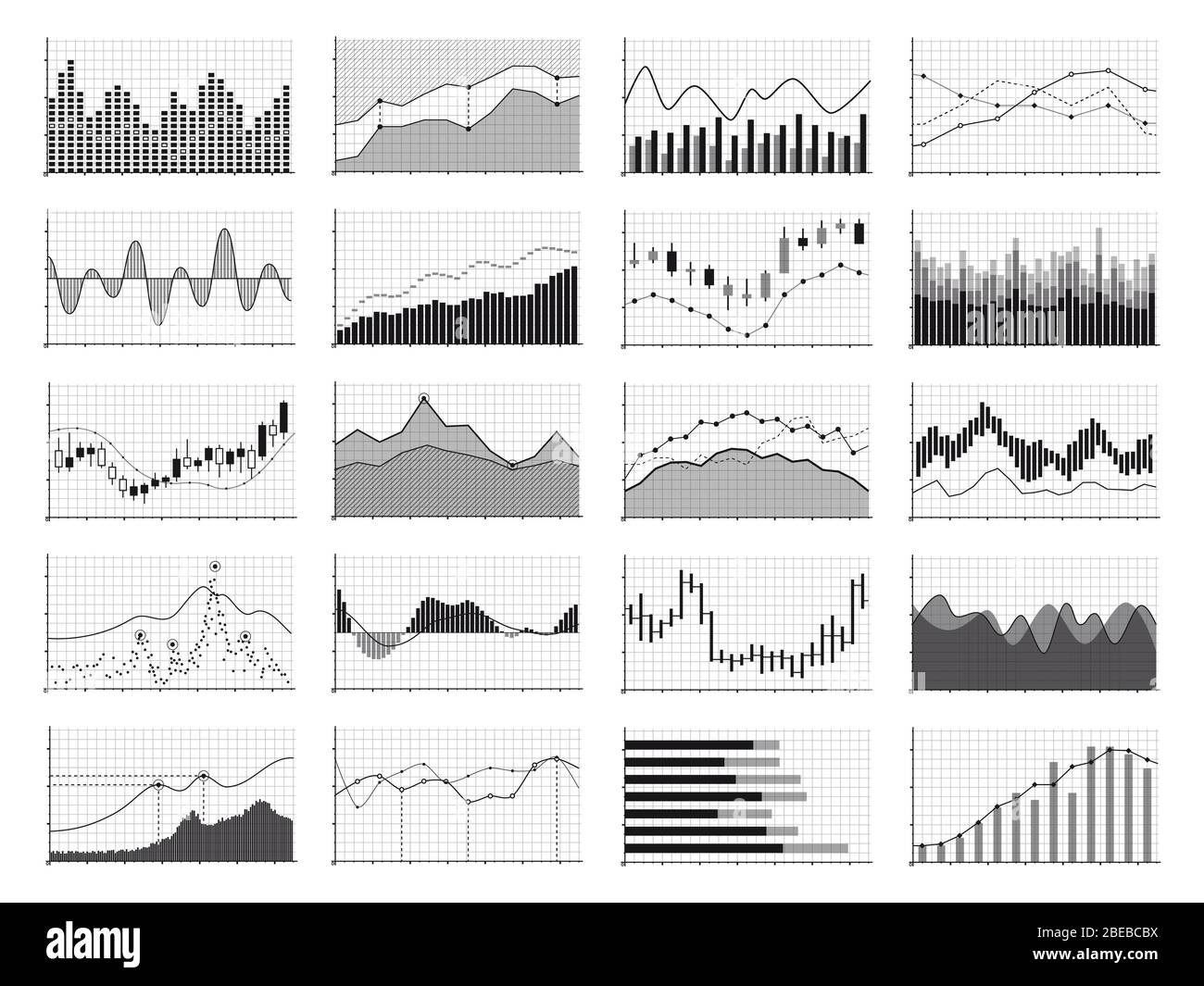 Stock analysis graphics or business data financial charts isolated on white background. Chart and graph, financial diagram growth and progress, vector illustration Stock Vector