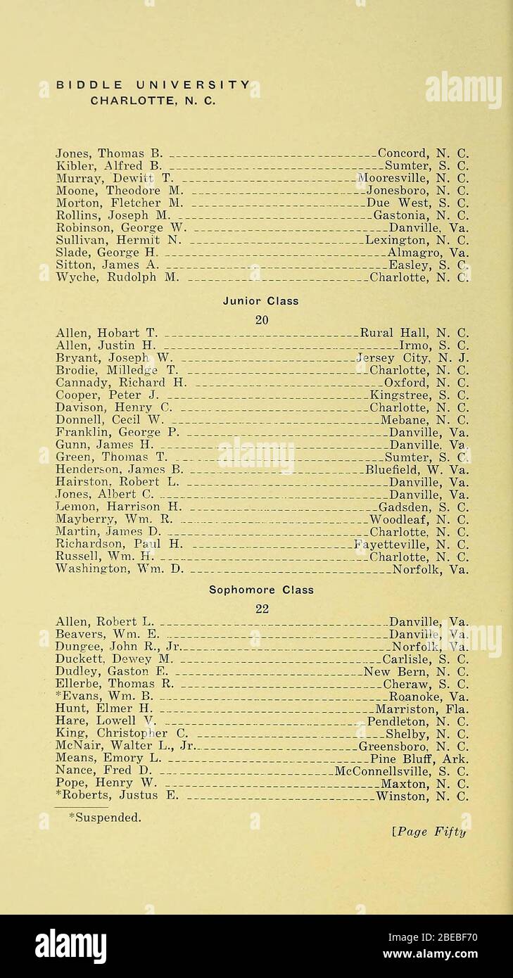 'Biddle University General Catalog [1920-1921]; The annual catalog for Biddle University, including information on the university calendar, tuition, degrees, and courses.; 1920; 1921; ' Stock Photo