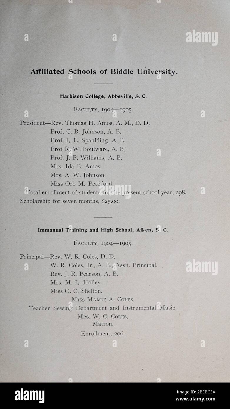'Biddle University General Catalogue [1904-1905]; The annual catalog for Biddle University, including information on the university calendar, tuition, degrees, and courses.; 1904date QS:P571,+1904-00-00T00:00:00Z/9; ' Stock Photo