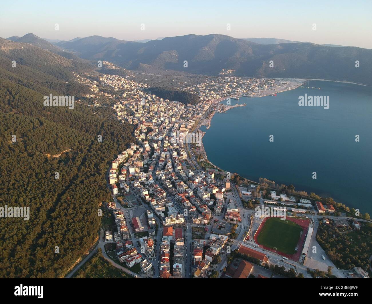 Aerial view of igoumenitsa city in thesprotia Epirus Greece, port of igoumenitsa ferryboat to island of Corfu and ships to italy Stock Photo